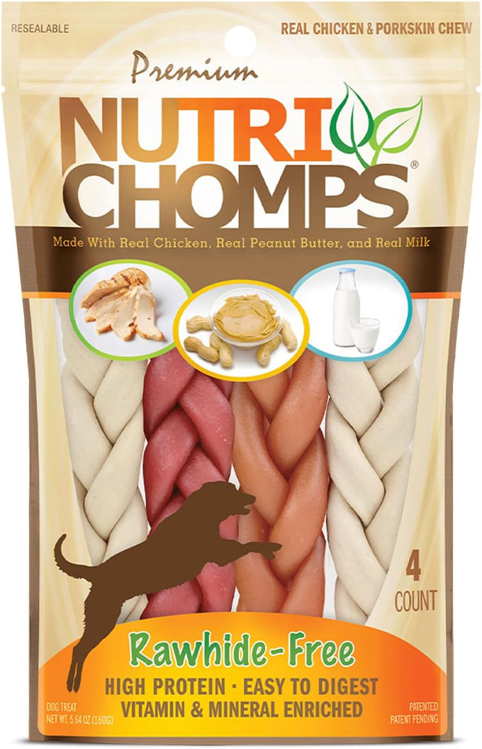 NutriChomps 6-inch Rawhide-Free Dog Treats, Healthy, Real Chicken, Peanut Butter and Milk Flavors, Pack of 4