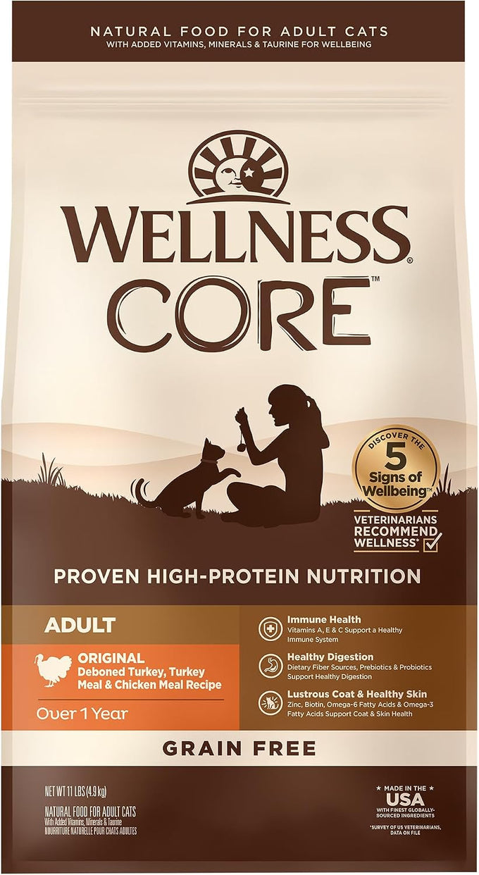 Wellness CORE+ Adult Dry Cat Food for Indoor Cats, Natural, Grain Free Kibble, Chicken, Turkey and Chicken Meal Recipe, 5 lb Bag
