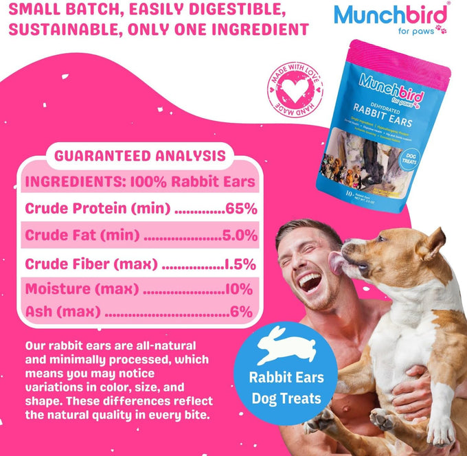 Munchbird Dehydrated Rabbit Ears 100g for Dogs, Natural Fiber, Rawhide Free, European Rabbit Association, France