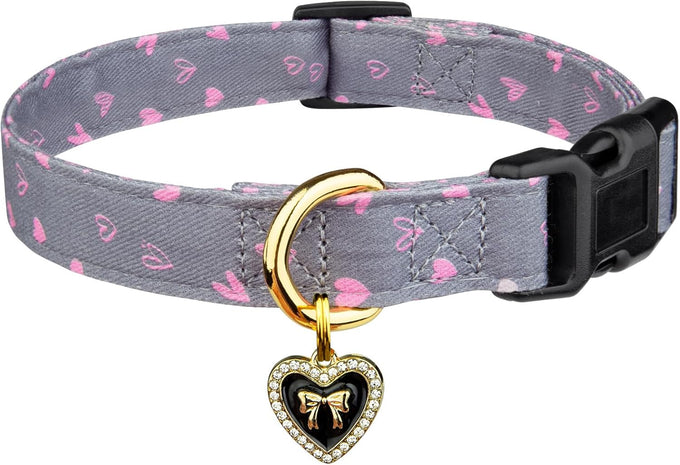Cotton Handmade Dog Collar - White and Pink Love Heart Pattern - Adjustable - Safe for Girl and Boy Dogs