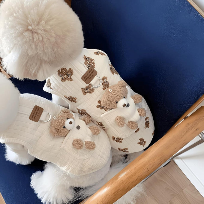 Cute pet apparel plush bear pattern cartoon dog clothes white 11-20lbs sleeveless pullover