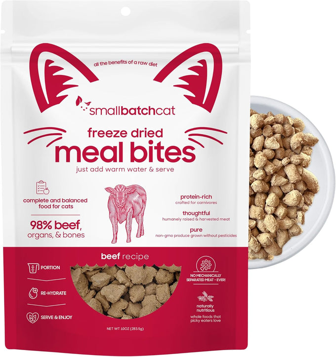 smallbatch freeze-dried raw cat food, beef recipe, high protein meal or topper, 10oz bag, usa made