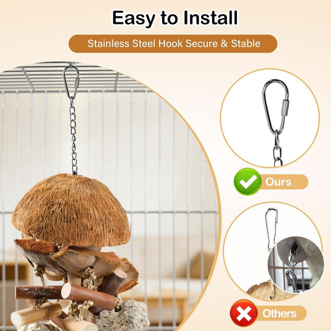 natural bird toys for parrots - handmade coconut shell shredding toy for sun conures conures caiques cockatiels