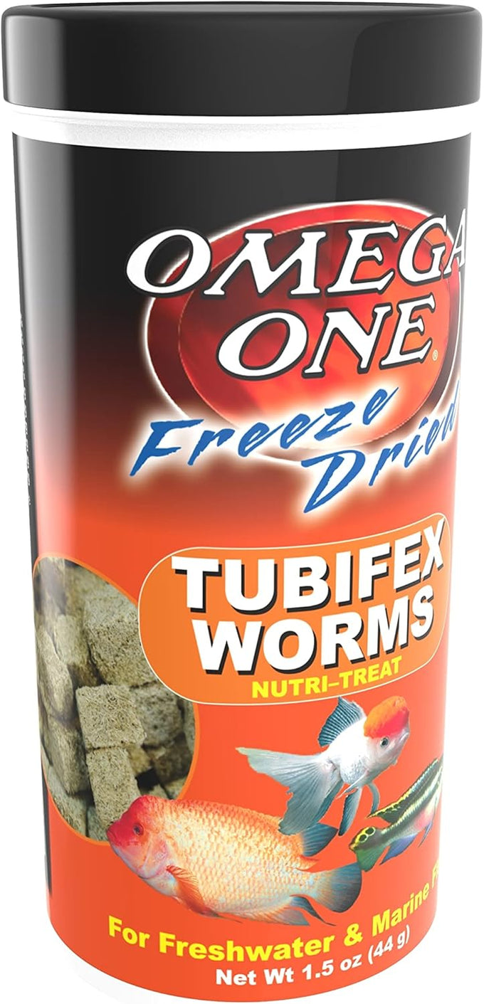 Omega One freeze-dried Tubifex Worms, 1.5 oz, high-protein freshwater and saltwater fish treat