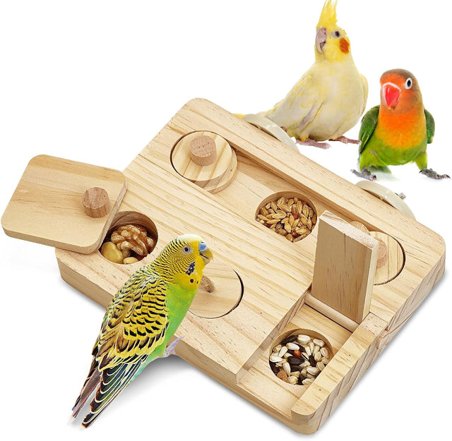 BNOSDM wooden bird foraging toy with natural wood stand platform for parrots, parakeets, cockatiels, sun conures