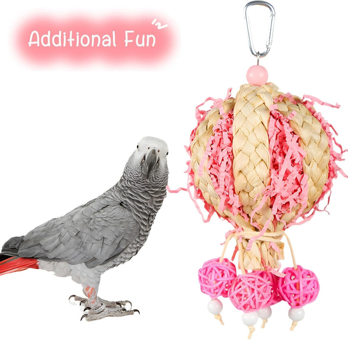 Bird foraging shredder hanging toy with bell for parakeet, parrot, conure, cockatiel, and lovebird birds, pink, 1 pack