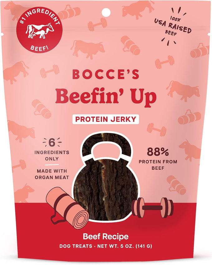 Bocce's Bakery low-sodium, high-protein, wheat-free chicken & pumpkin jerky dog treats, 4 oz, made in USA