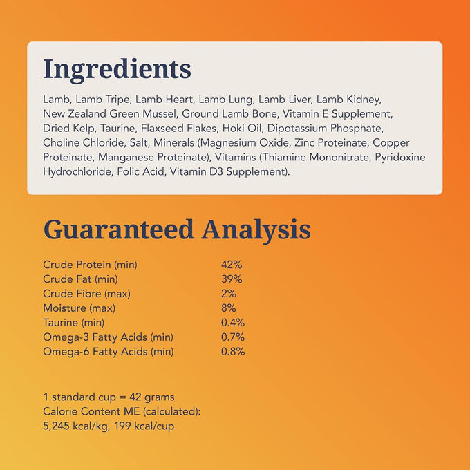 Feline Natural High Protein Freeze-Dried Lamb Cat Food, 98% Meat, No Peas, Grains, or Artificial Additives, New Zealand, 11oz