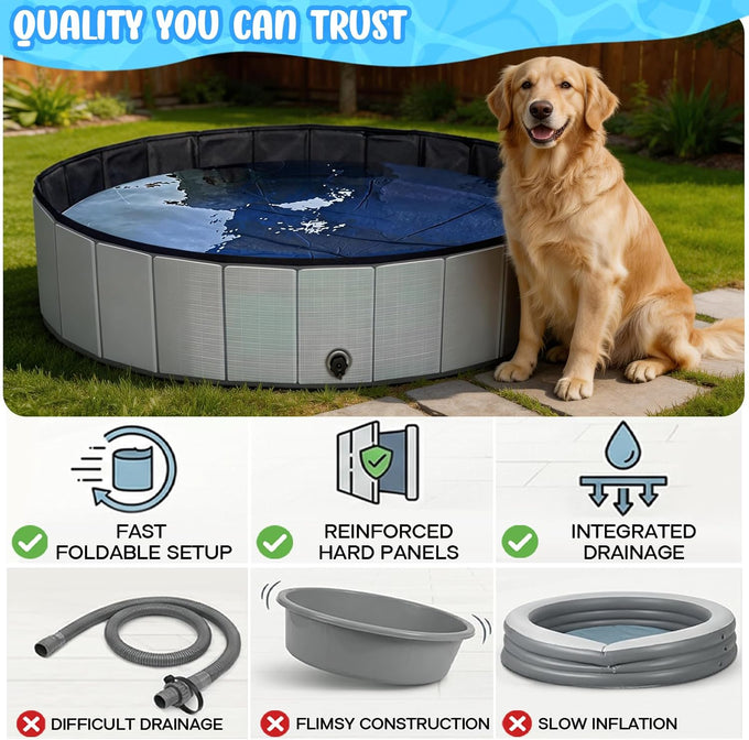 Foldable Gray Kiddie Pool with Hard Plastic Non-Slip Thickened Bottom for Small Medium Large Dogs and Kids