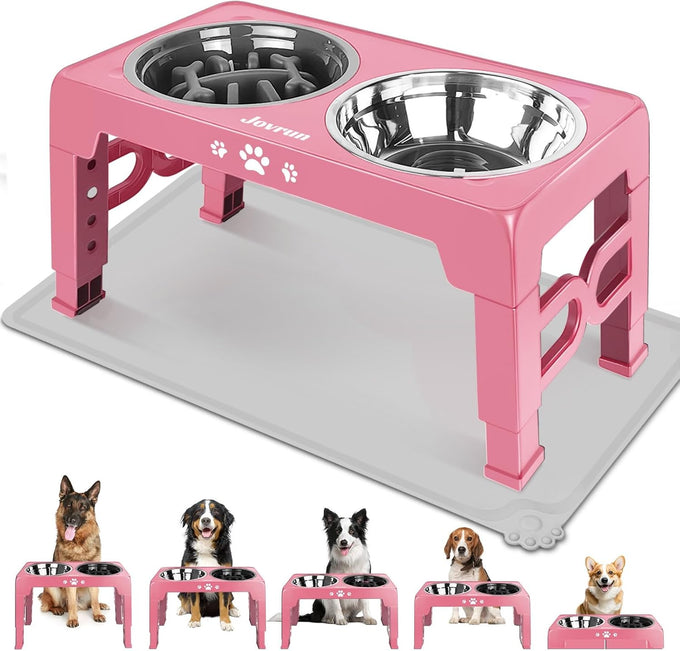 Jovrun elevated dog bowls for medium large size dogs, non-slip feeder with 2 food water bowls, 5 heights adjustable raised bowls stand