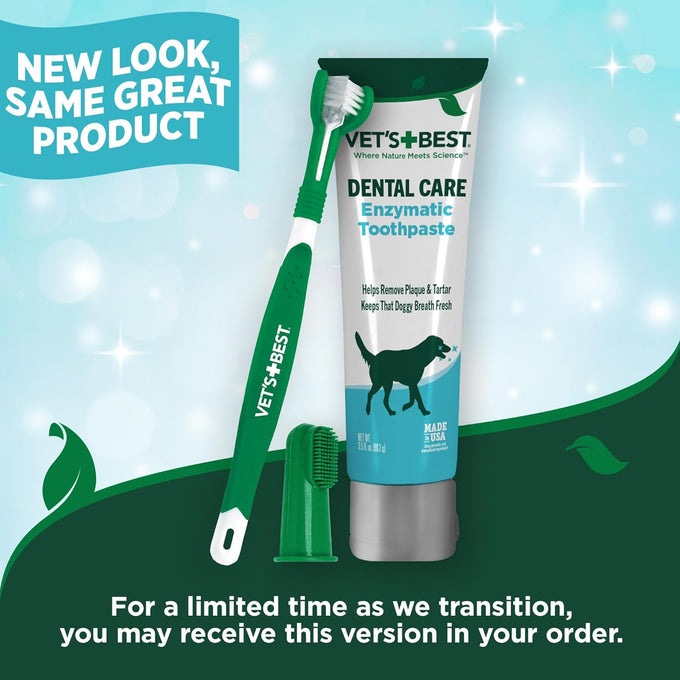 Vet's Best dog toothpaste and toothbrush kit with triple head toothbrush, natural flavors, and aloe for healthy gums and fresh breath