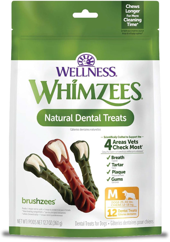Whimzees Wellness Brushzees Small Size Dog Dental Treats, 24 Count, 12.7 oz Bag – VOHC Accepted Chews for Fresher Breath, Plaque & Tartar Reduction, and Gum Health.
