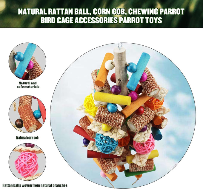 Parrot toys for large birds, natural peppered wood, African Grey, Macaws, Cockatoos, Amazon Parrot chew toys, aviary hanging accessories