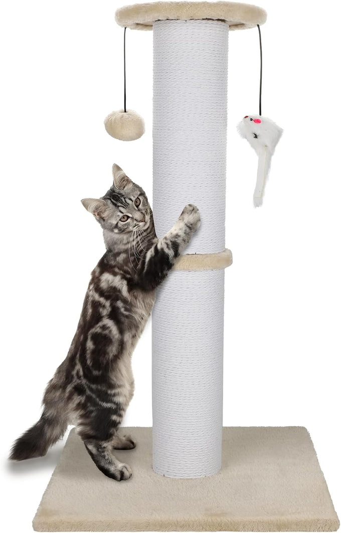 34-Inch heavy-duty grey cat scratching post with cotton rope and hanging ball for indoor cats