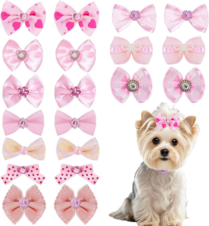 pink dog hair bows set with rubber bands, 10 pairs, 20 pieces, handmade mix style for small, medium, large dogs