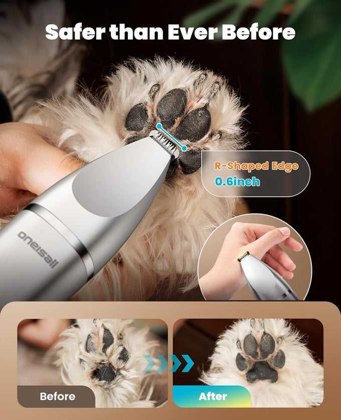 oneisall 4 in 1 dog grooming kit with lcd display, dog hair trimmer for paw nail grinder, rechargeable cordless low noise ipx7 waterproof pet clippers, 3-speed, 1200mAh battery