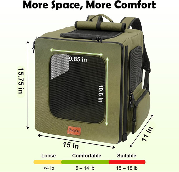 Vivifying Pet Carrier Backpack for Cats and Small Dogs up to 18 lb for Travel, Hiking, and Vet Visits in Military Green