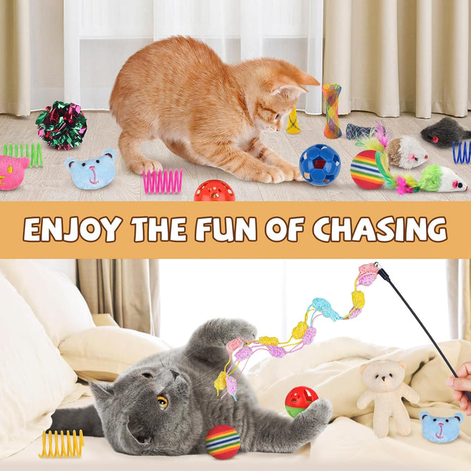 Quozuo 30 pc cat toy set, interactive kitten toy wand, cat balls with bells, non-toxic safe gift box