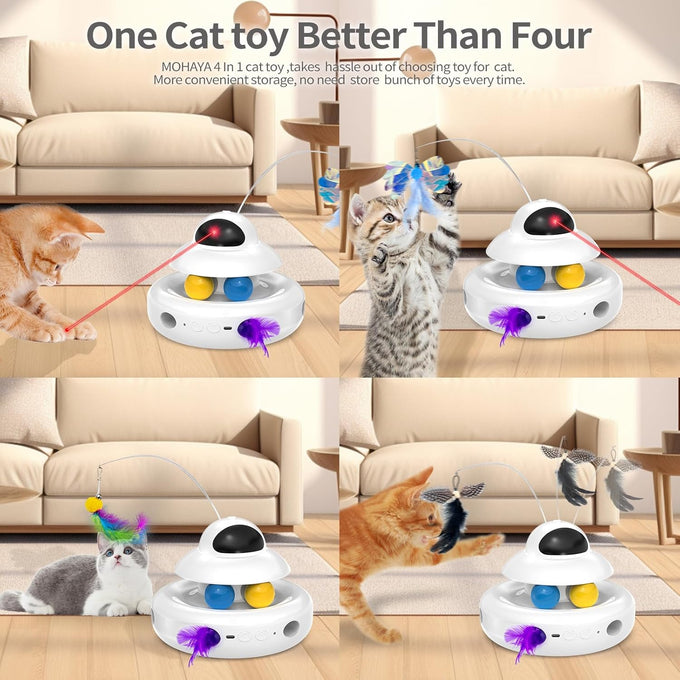 Mohaya 4-in-1 Interactive Cat Toy with Laser, Feather, and Track Balls - USB Rechargeable White