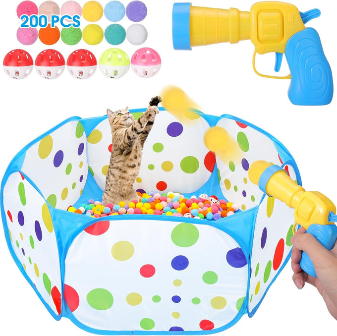 Mity rain 102PCS soft plush cat ball launchers & pom pom balls interactive cat toy set for indoor cats