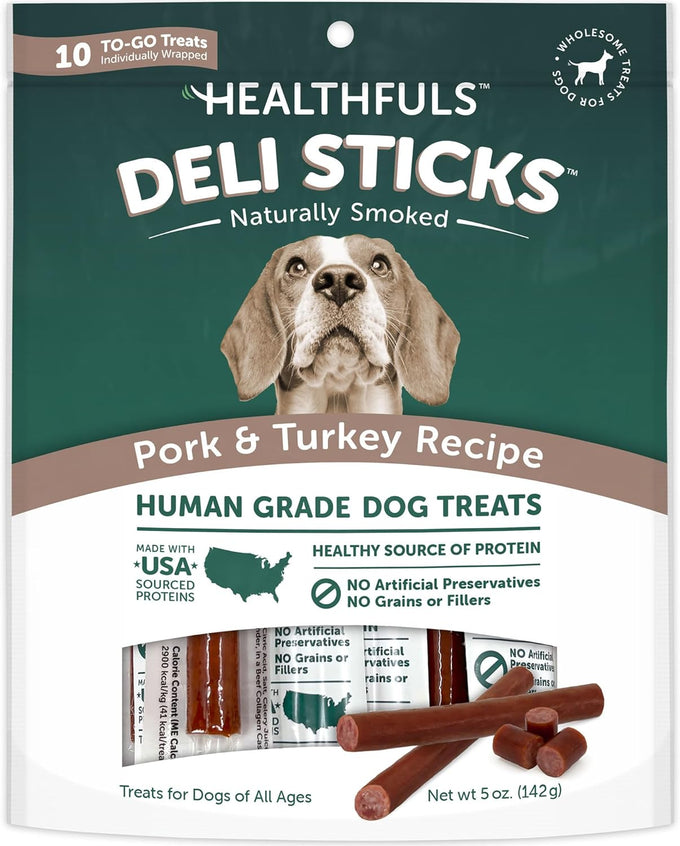 Healthfuls Deli Sticks Pork and Turkey Dog Treats, Human-Grade, Gluten-Free, 10 Count Bag