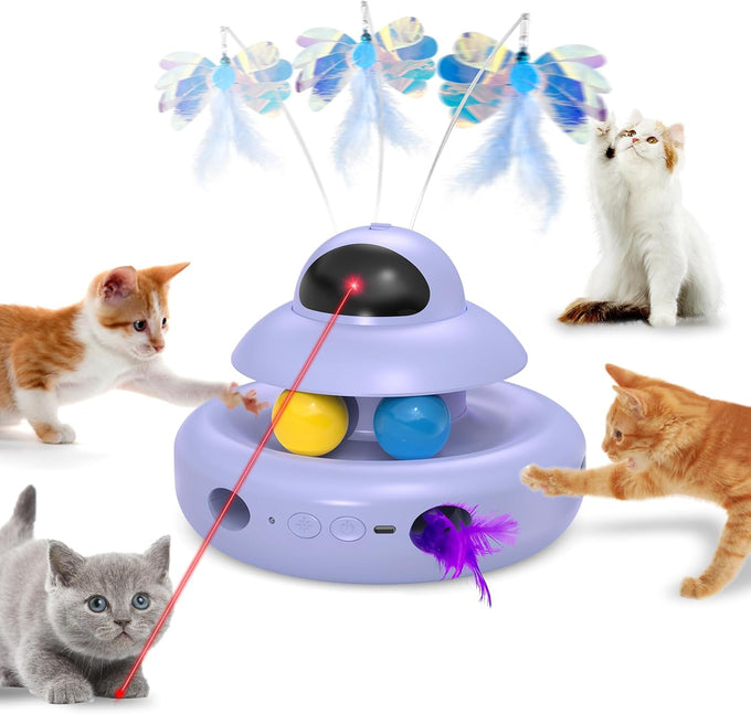 Mohaya 4-in-1 Interactive Cat Toy with Laser, Feather, and Track Balls - USB Rechargeable White