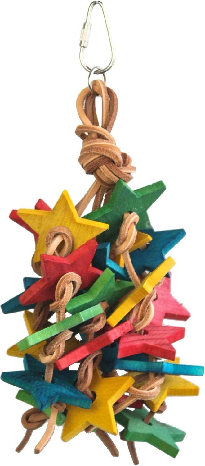 Wood stars & leather toy for small to medium parrots, bird toys for sun conures, green cheeked conures, cockatiels, and more
