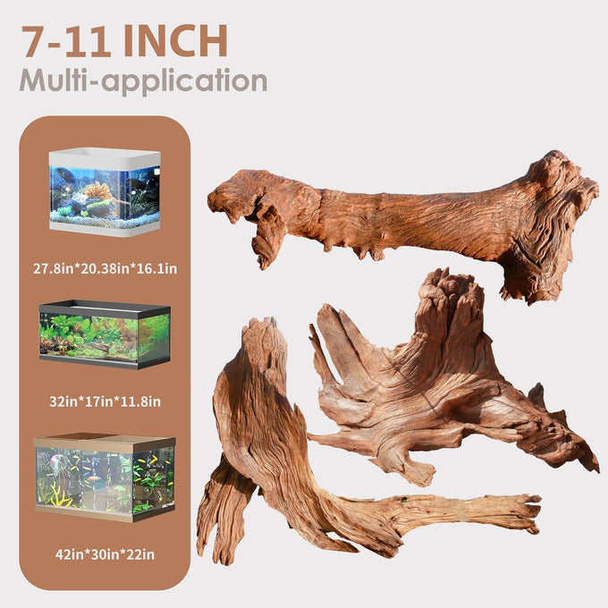 Jorewood natural aquarium driftwood 3-piece set for fish tanks and reptile terrariums, low tannin, 7-11 inch, easy to sink