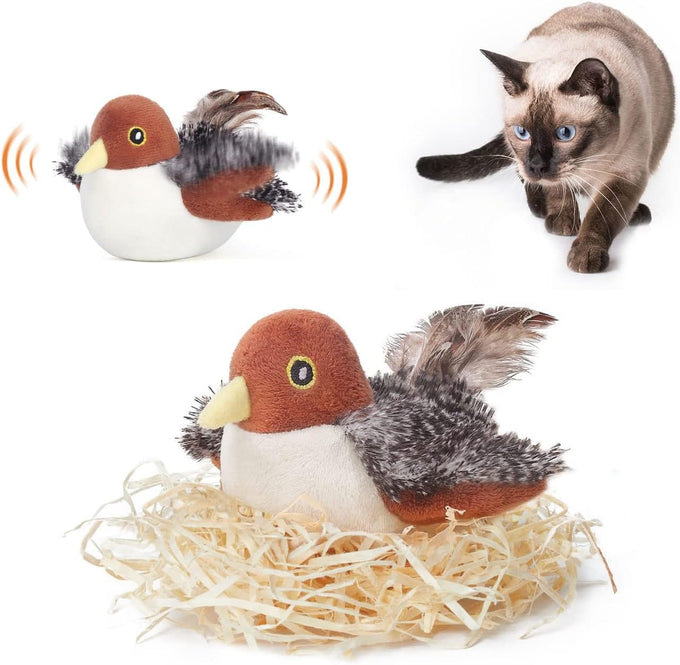 Potaroma rechargeable sparrow cat toy, 4.0 inches, lifelike chirp, touch activated, USB chargeable, soft plush, catnip pouch