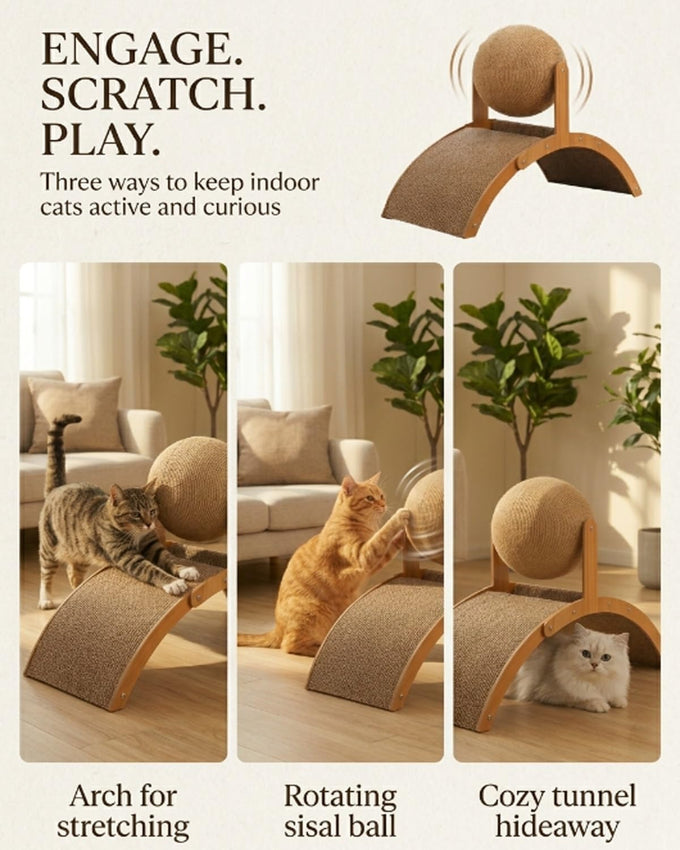 wood cat arch scratching ball on stand with arched bridge and rotating sisal balls for big cats indoor use