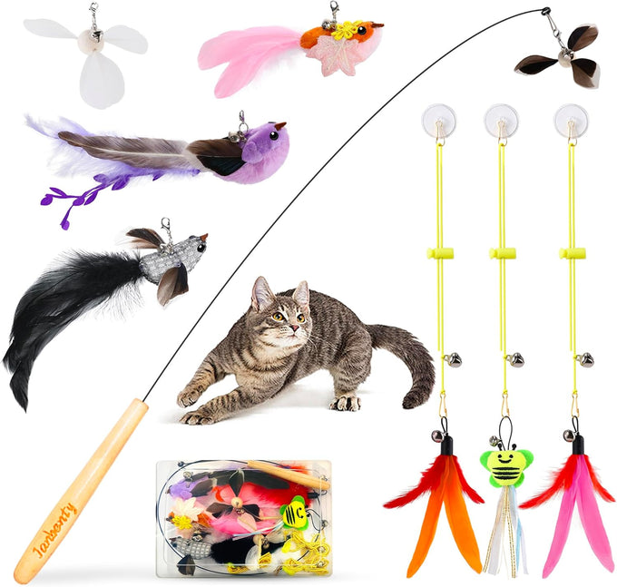 Interactive Cat Toys Refills with 8 Assorted Teasers and Wand for Indoor Cats - Adjustable Height and Durable