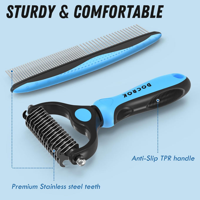 Docrok pet grooming combo with metal comb for detangling and dematting long fur on dogs and cats, blue