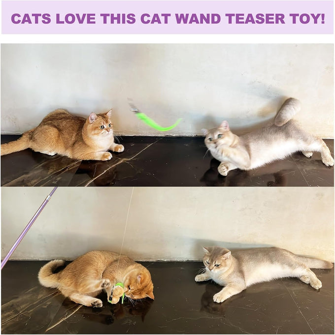 cat toys for indoor cats, 11pcs interactive cat toy wand pack, 2 retractable cat wand & 7pcs worm teaser refills for playful exercise