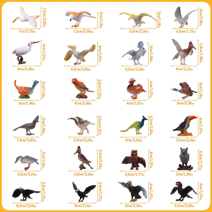 24-piece realistic bird figurines set with varied species and decorative uses for kids and collectors