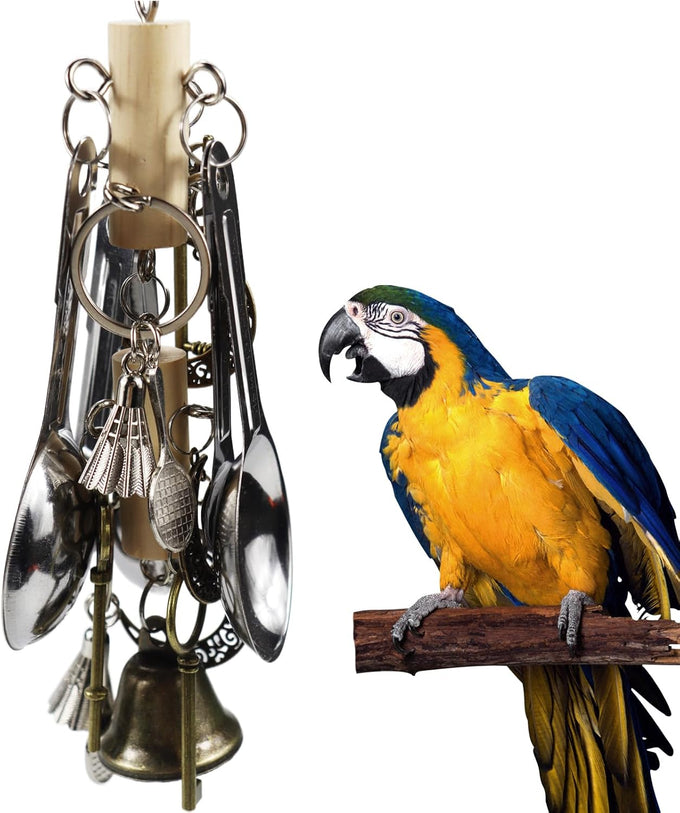 Bird Parrot Chew Toys for Macaws, African Grey Parrots, Cockatoos, and More - Brass Keys, Bells, and Mini Badminton Balls