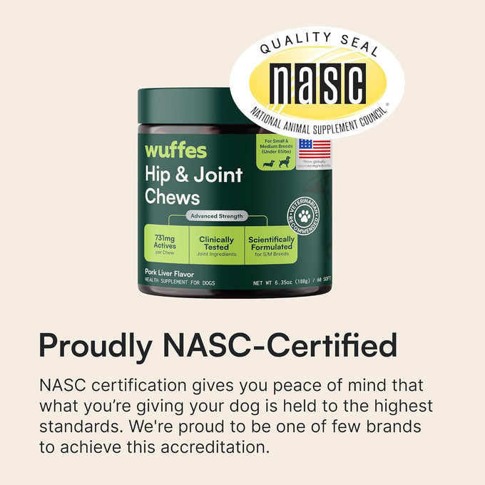 Wuffes Advanced Glucosamine Chondroitin Omega 3 MSM Green Lipped Mussel Supplement for Small Medium Dog Breeds 60 Pork Flavored Chews