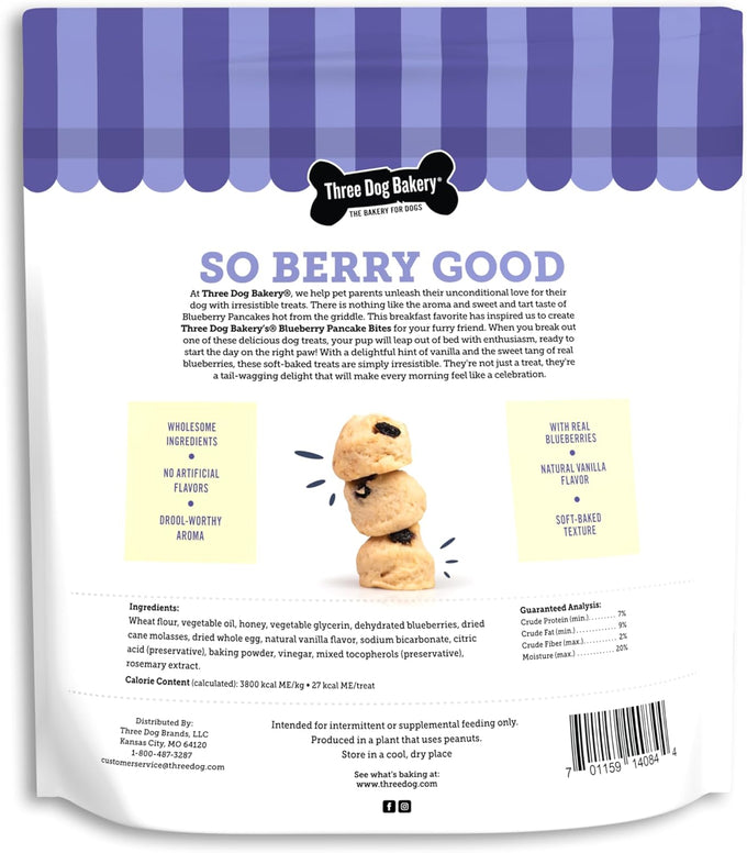 Three Dog Bakery Blueberry Pancake Bites, Treats with Real Blueberries & Vanilla, Mess-Free Snacks for Dogs & Puppies