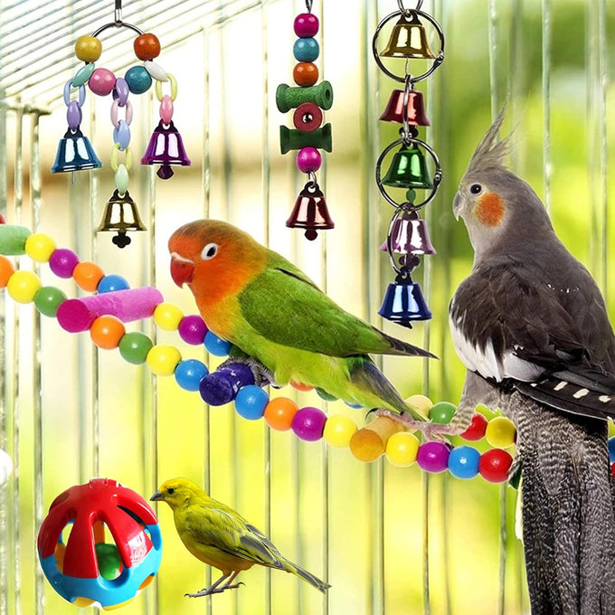 Hamiledyi bird parrot swing chewing toy set 15pcs wooden hanging bell hammock climbing ladders colorful pet birds cage toys
