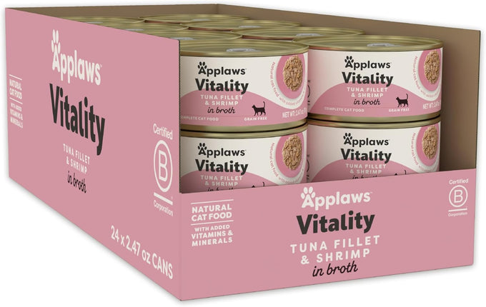 Applaws Vitality Wet Cat Food in Tuna Fillet & Shrimp Broth, Grain and Carrageenan Free, 24 Count, 2.47 oz Cans