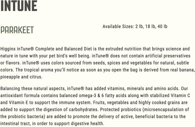 Higgins 2-pack Intune parakeet food, 2 pounds each, complete and balanced diet, plant-based, USA made