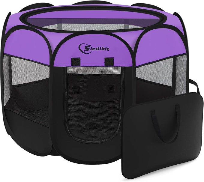 Siedihit grey small dog cat playpen, portable pop up enclosure kennel with carrying case for dogs cats rabbits