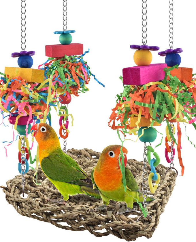 katumo seagrass bird swing mat with stainless chains and colorful toys for small parrots
