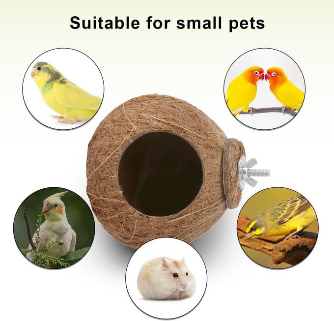 Hypeety coconut shell bird breeding nest toy with ladder and swing for parrot, parakeet, finch, hamster and lovebird