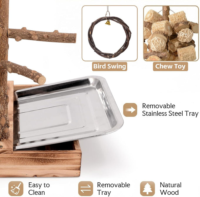 Natural real wood bird perch stand for small to medium birds, multi-layer parrot playground gym with feeding cups and toys