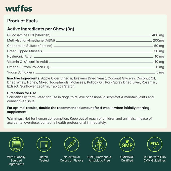 Wuffes Advanced Glucosamine Chondroitin Omega 3 MSM Green Lipped Mussel Supplement for Small Medium Dog Breeds 60 Pork Flavored Chews