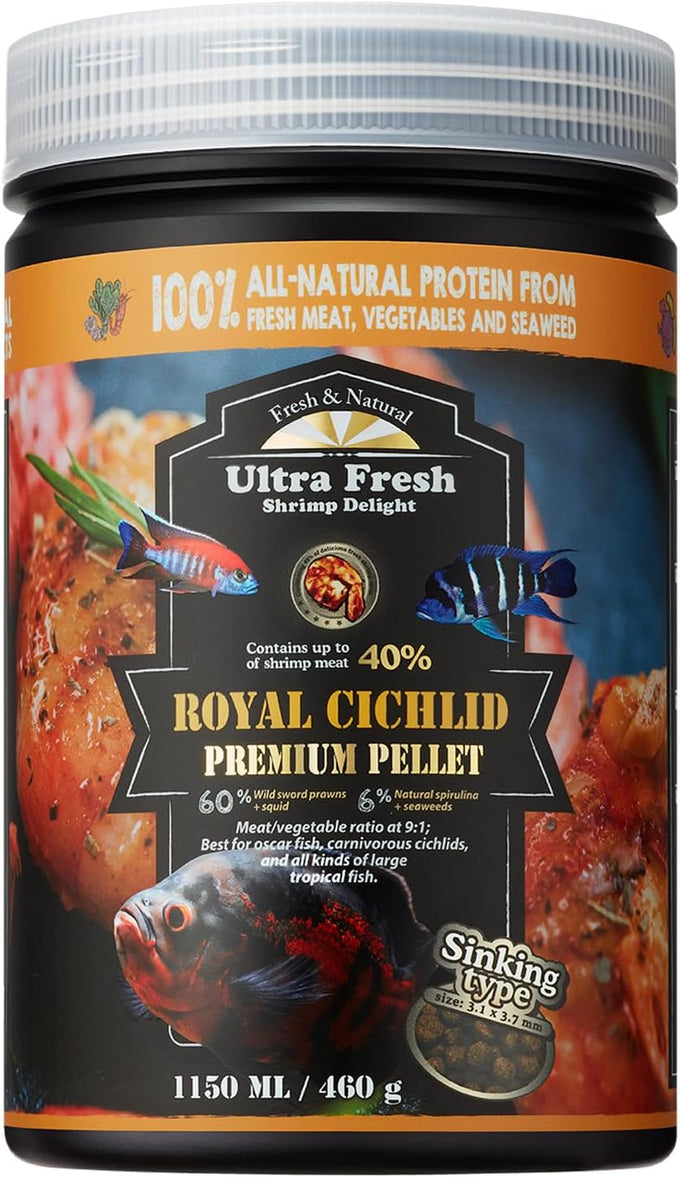 Royal Cichlid Wild Sword Prawns All Natural Carnivore Pellets for Large Cichlid and Tropical Fish 4.58 oz