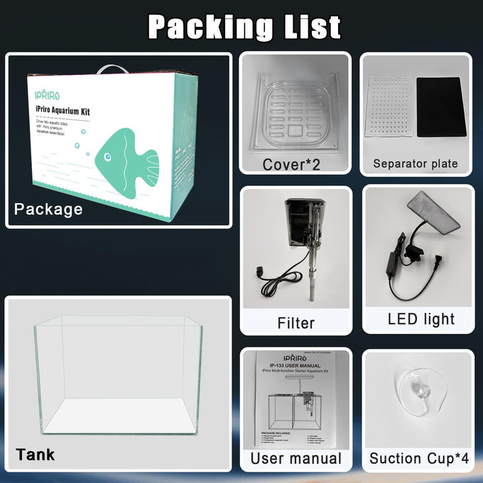 12.6" L 3-gallon nano glass aquarium with separator plate, LED light, filter for betta, multi-functional square fish tank, white 4mm glass