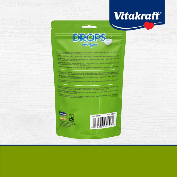 Vitakraft vanilla yogurt drops for rabbits guinea pigs and hamsters, real yogurt whey protein, no artificial colors flavors or preservatives