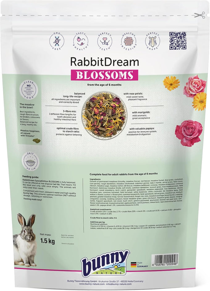 Bunny Nature Rabbit Food Pellets RabbitDream Blossoms, 63 Herbs, Grain Free, Digestive Health, 3.3 lbs