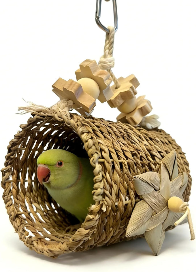 parrot woven grass nest swing set with tunnel, wooden chew toys, bird cage hanging play accessories for parakeet cockatiel